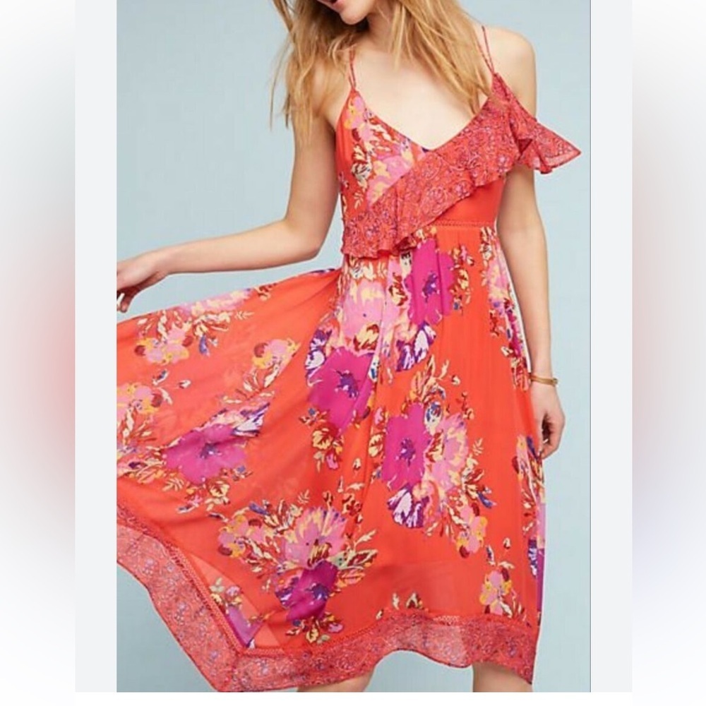 Anthropologie Maeve Grecia Floral One-Shoulder Dress Size 12